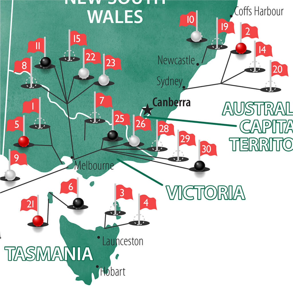 Closeup of Australian Golf Courses Map