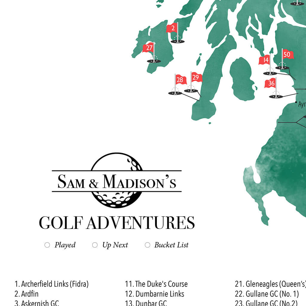 Personalization Closeup and Location on Scotland's Top Golf Courses Map