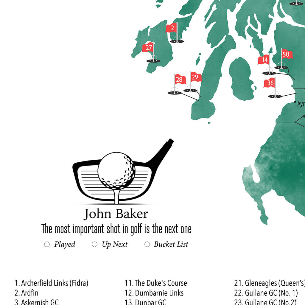 Closeup of Personalization Layout and Location on Scotland&#39;s Top Golf Courses Map