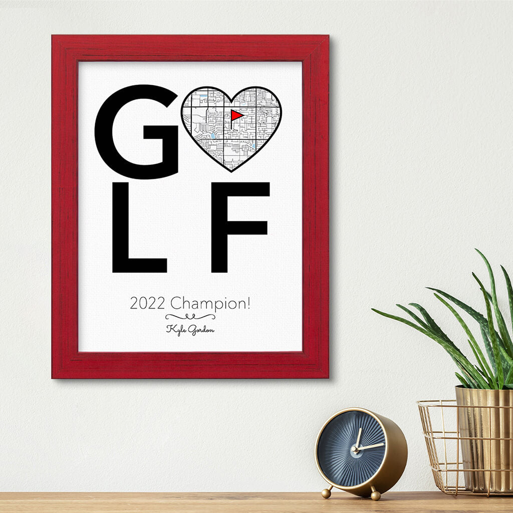 Custom Map Word Art - GOLF Map Art - Canvas Print in Carnival Red Frame