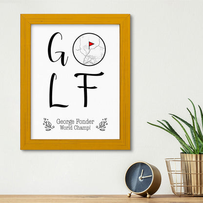 Custom Map Word Art - GOLF Map Art - Canvas Print in Carnival Yellow Frame