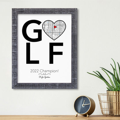 Custom Map Word Art - GOLF Map Art - Canvas Print in Madison Gray Frame