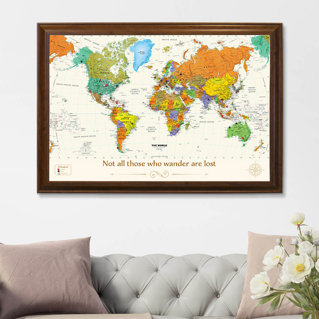 Contemporary World Map in Brown Frame