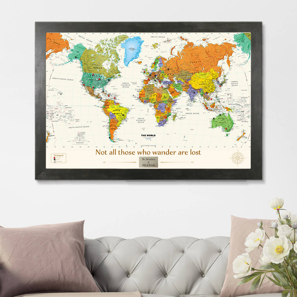 Contemporary World Map in Rustic Black Frame