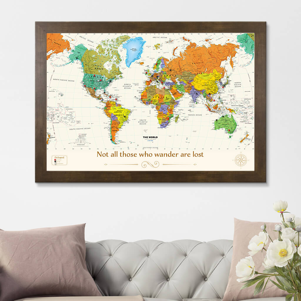 Contemporary World Map in Rustic Brown Frame