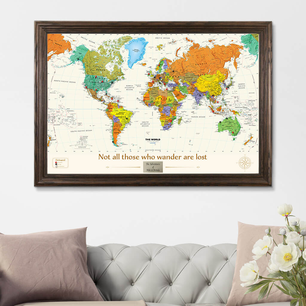 Contemporary World Map in Solid Wood Brown Frame