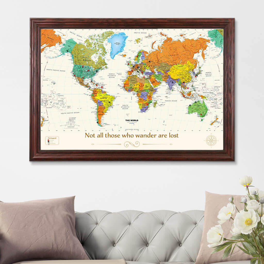 Contemporary World Map in Solid Wood Cherry Frame