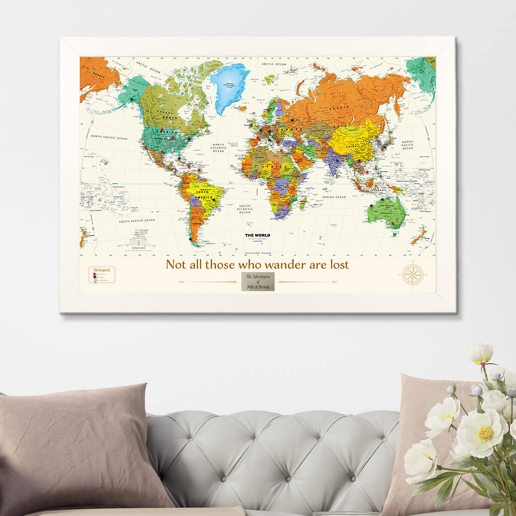 Contemporary World Map in Textured White Frame