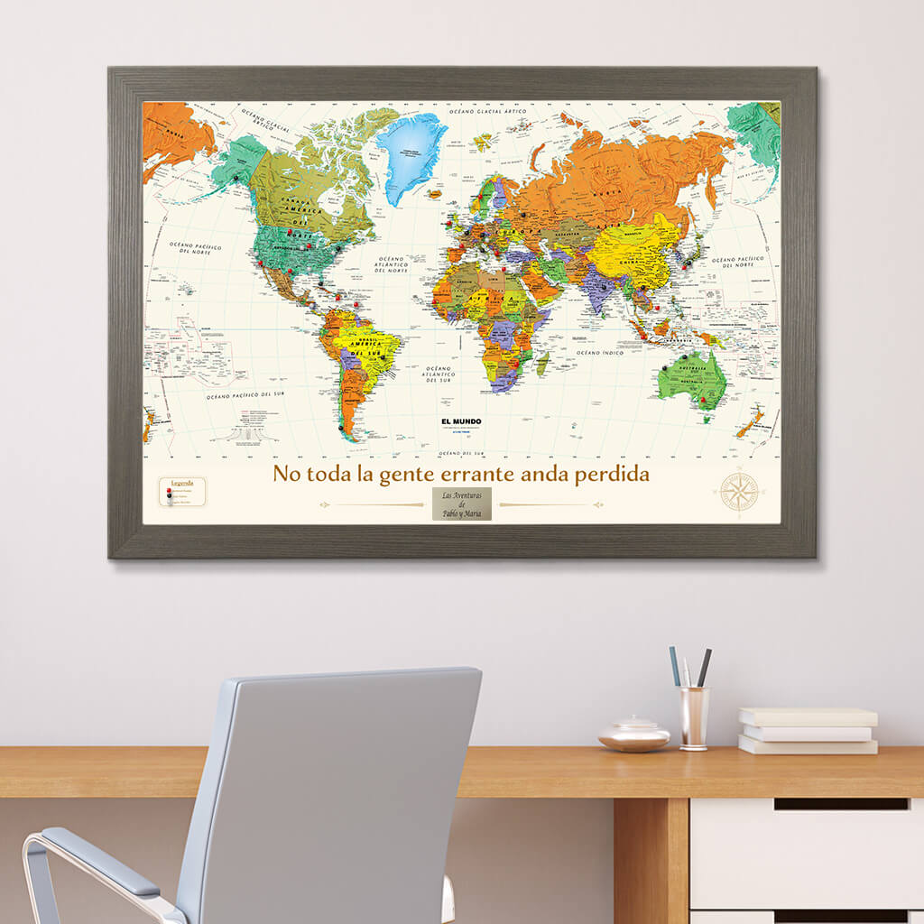 Spanish Contemporary World Map in Barnwood Grey Frame
