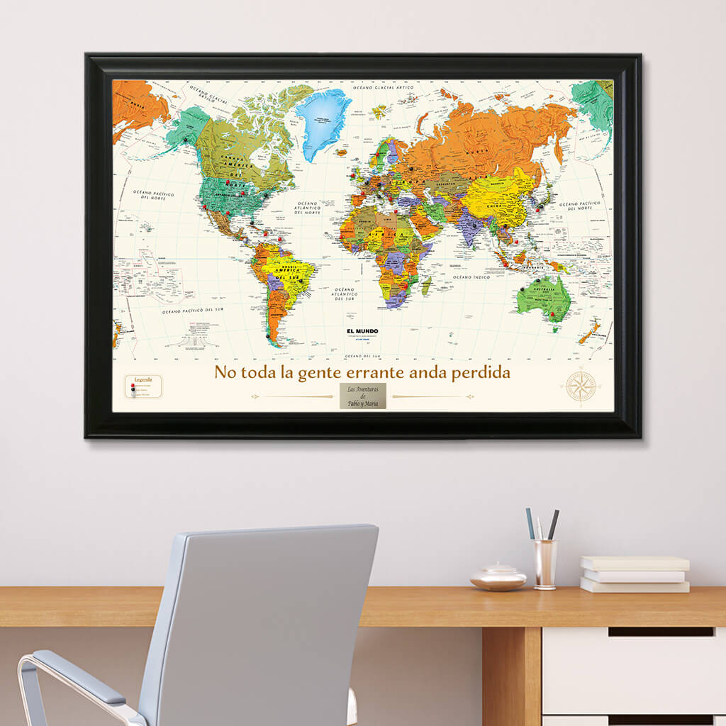 Spanish Contemporary World Map in Black Frame