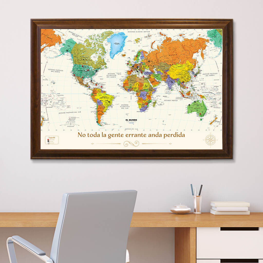 Spanish Contemporary World Map in Brown Frame