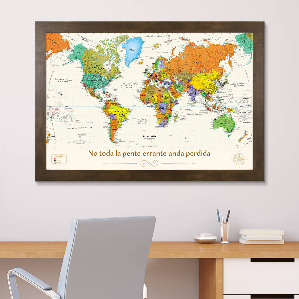 Spanish Contemporary World Map in Rustic Brown Frame