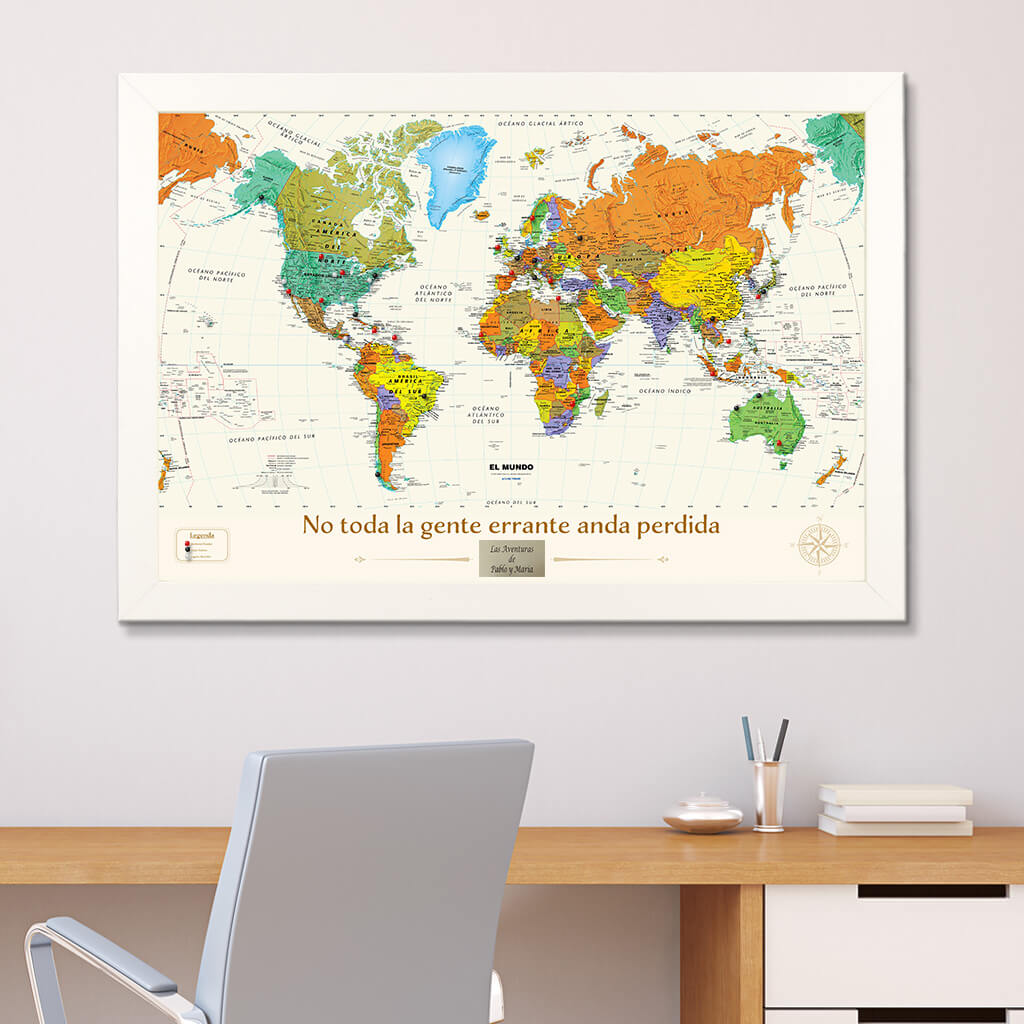 Spanish Contemporary World Map in Textured White Frame