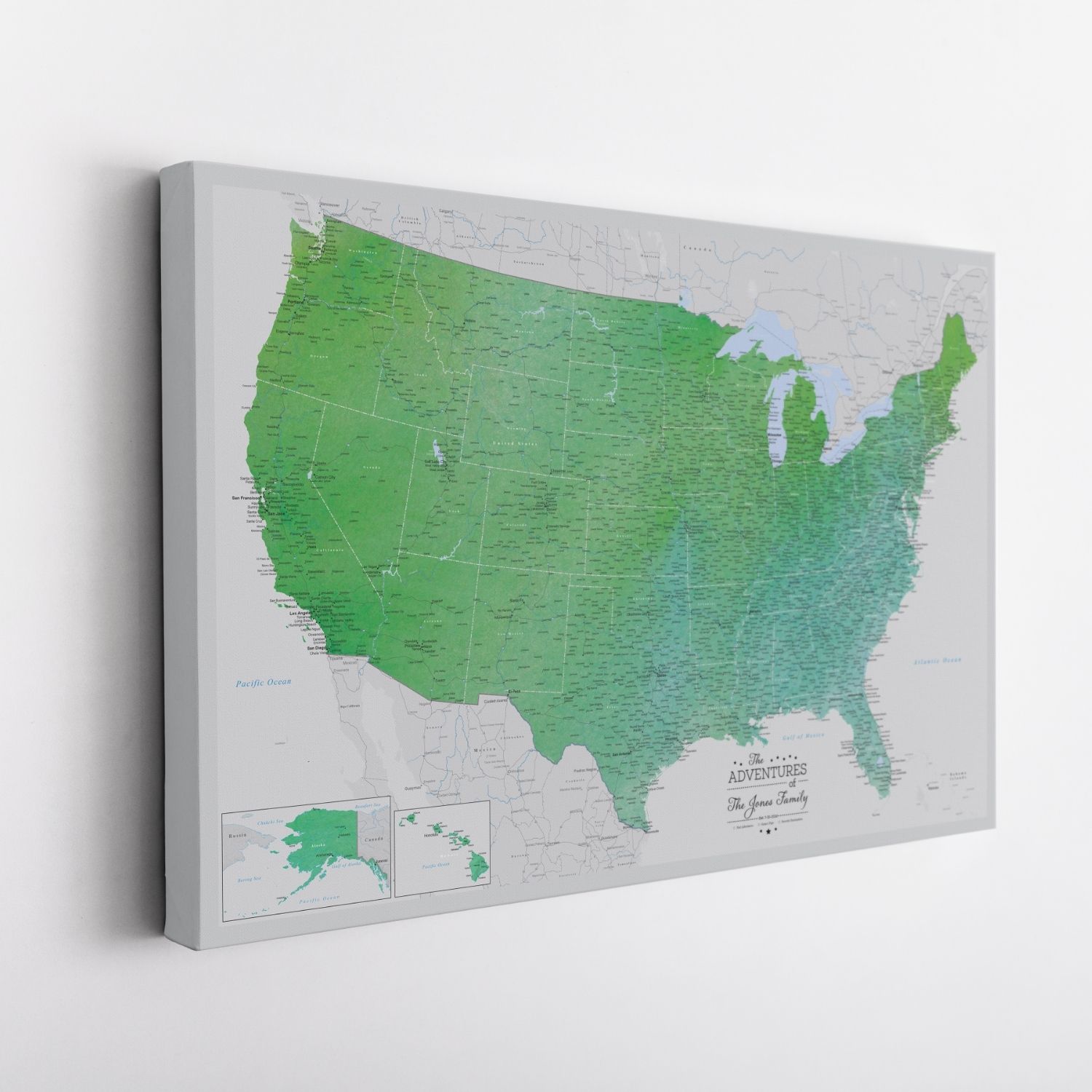 Personalized emerald green watercolor USA travel map canvas gallery wrap angled view