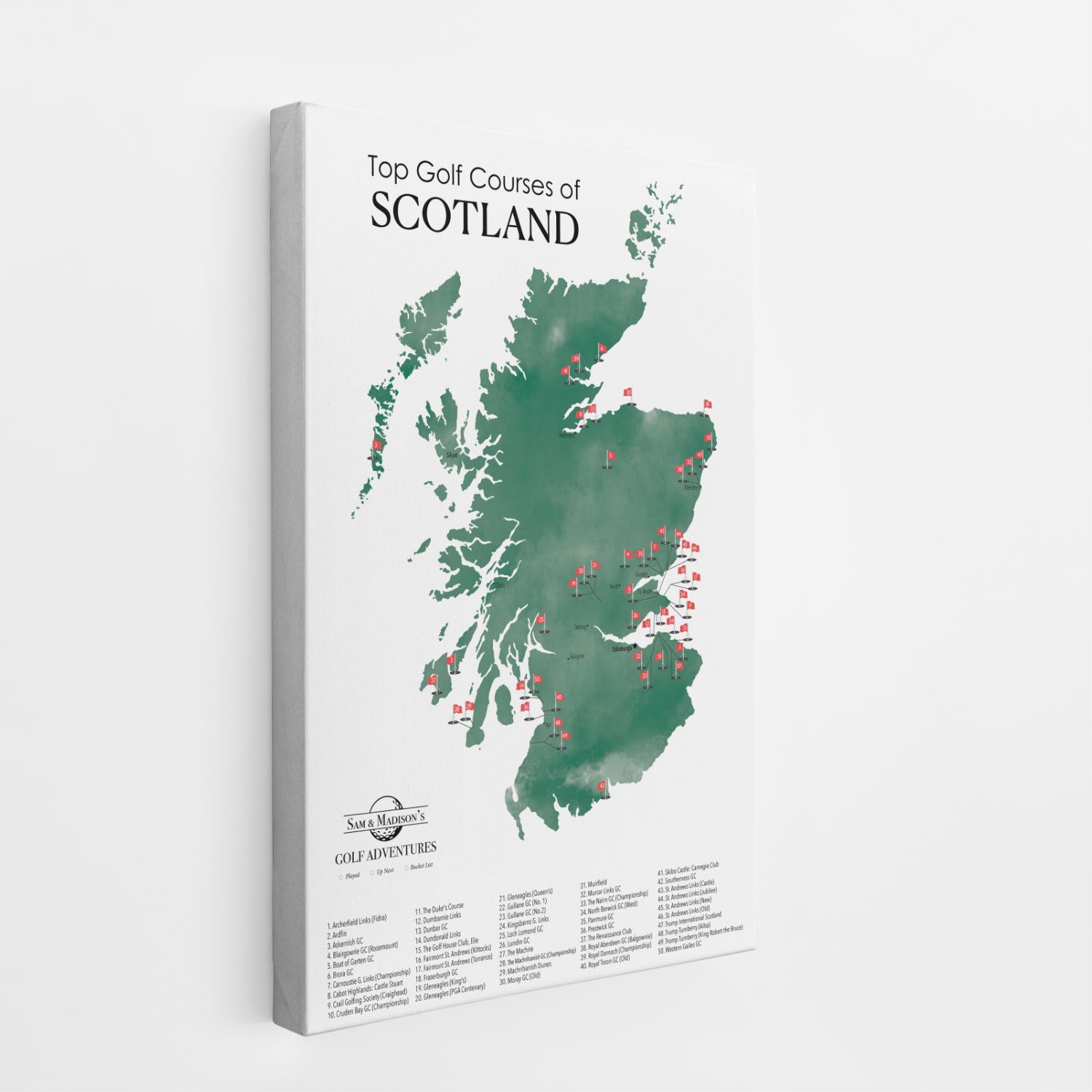 Gallery Wrapped - Scotland Golf Courses Travel Map with Pins