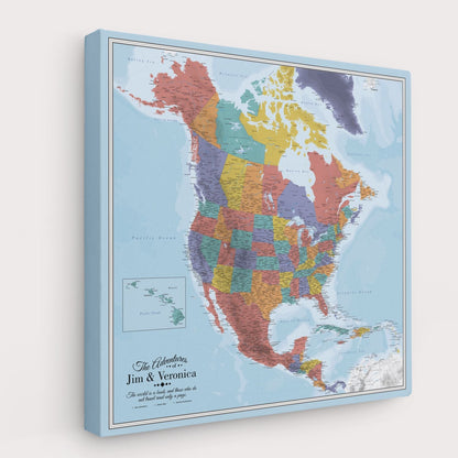 Personalized Blue Oceans North America travel map gallery wrapped canvas angled side view