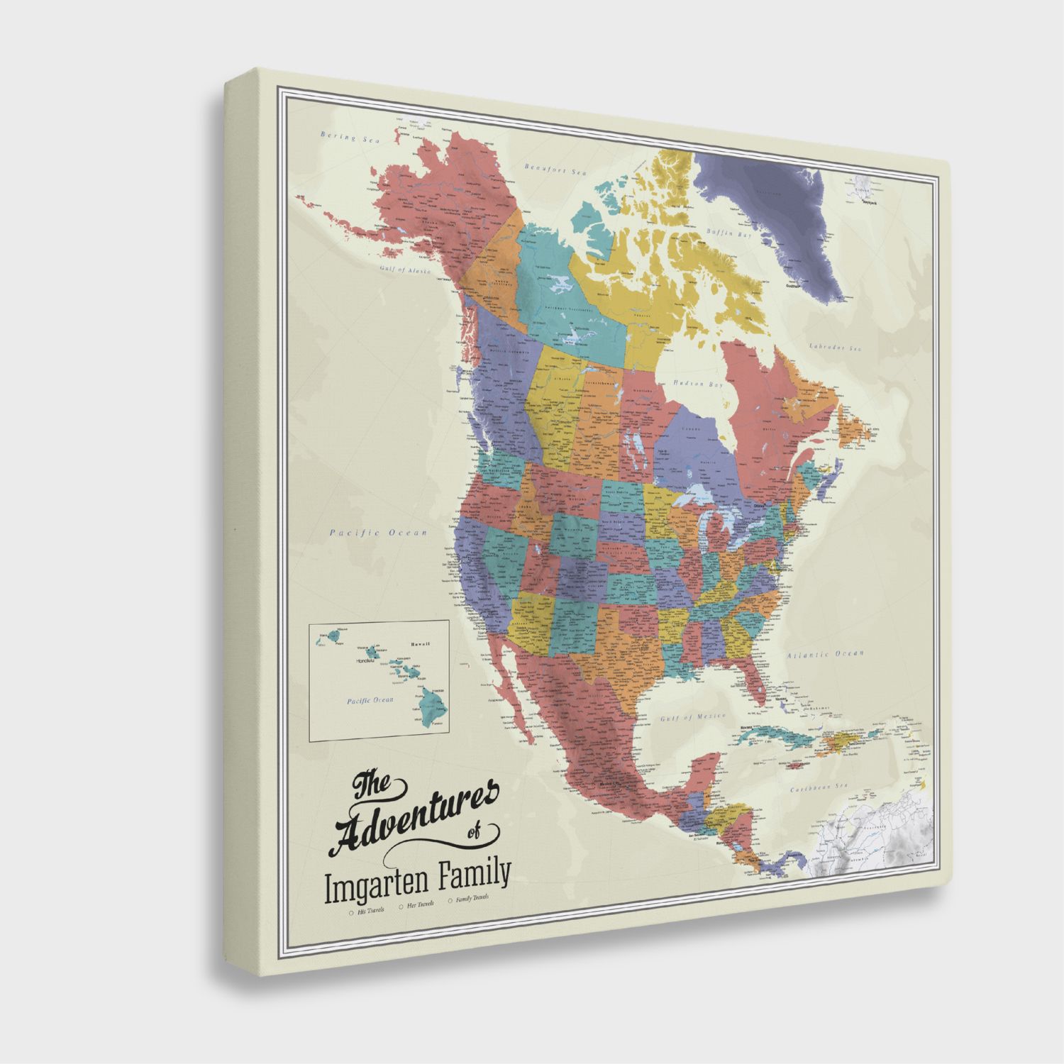 Angled view of gallery wrapped North America travel map canvas with colorful tan ocean regions and detailed state boundaries