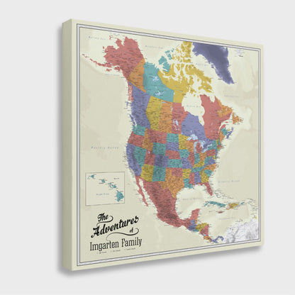 Angled view of gallery wrapped North America travel map canvas with colorful tan ocean regions and detailed state boundaries