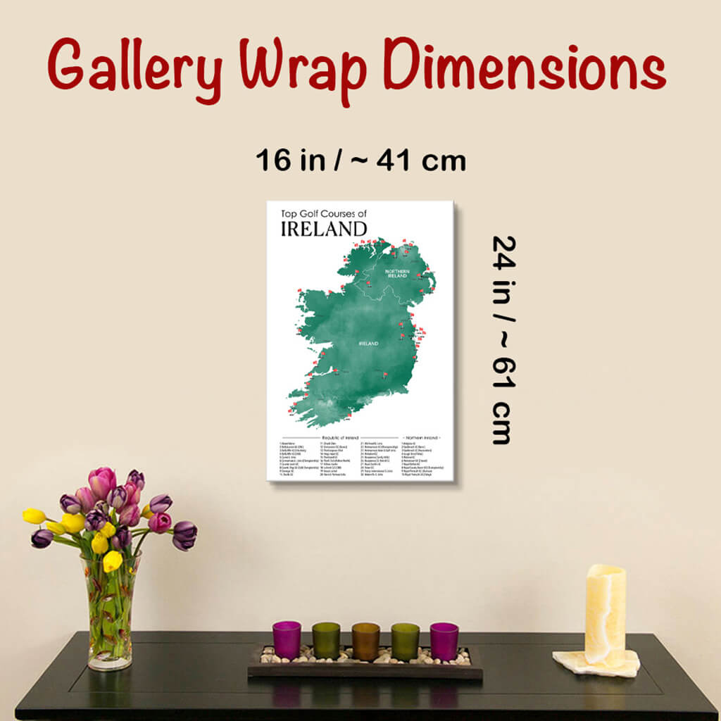 Gallery Wrapped Dimensions of 16" x 24" Size Ireland Golf Courses Map