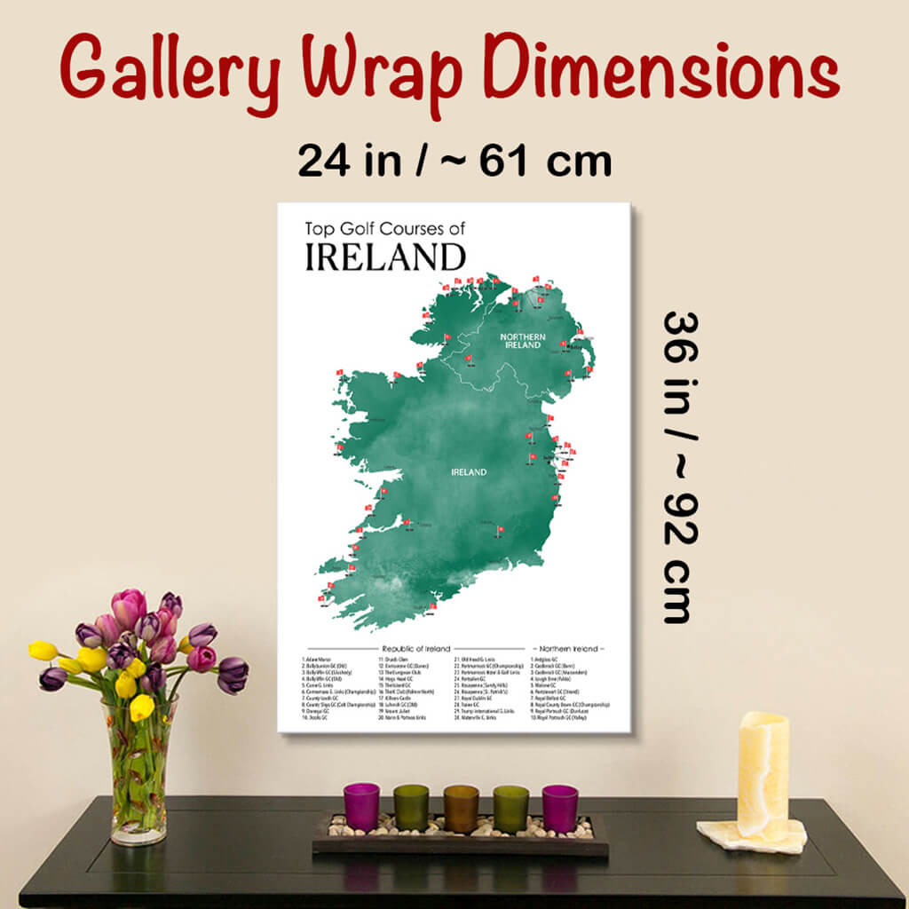 Gallery Wrapped Dimensions of 24&quot; x 36&quot; Size Ireland Golf Courses Map