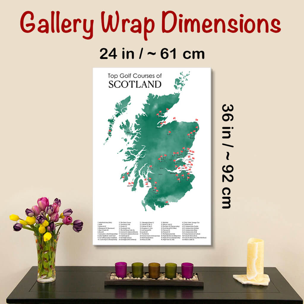 Gallery Wrapped Dimensions of 24" x 36" Size Scotland Golf Courses Map