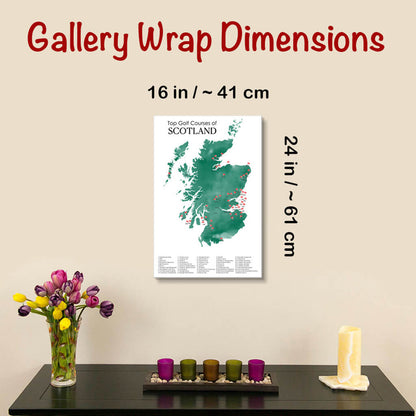 Gallery Wrapped Dimensions of 16" x 24" Size Scotland Golf Courses Map