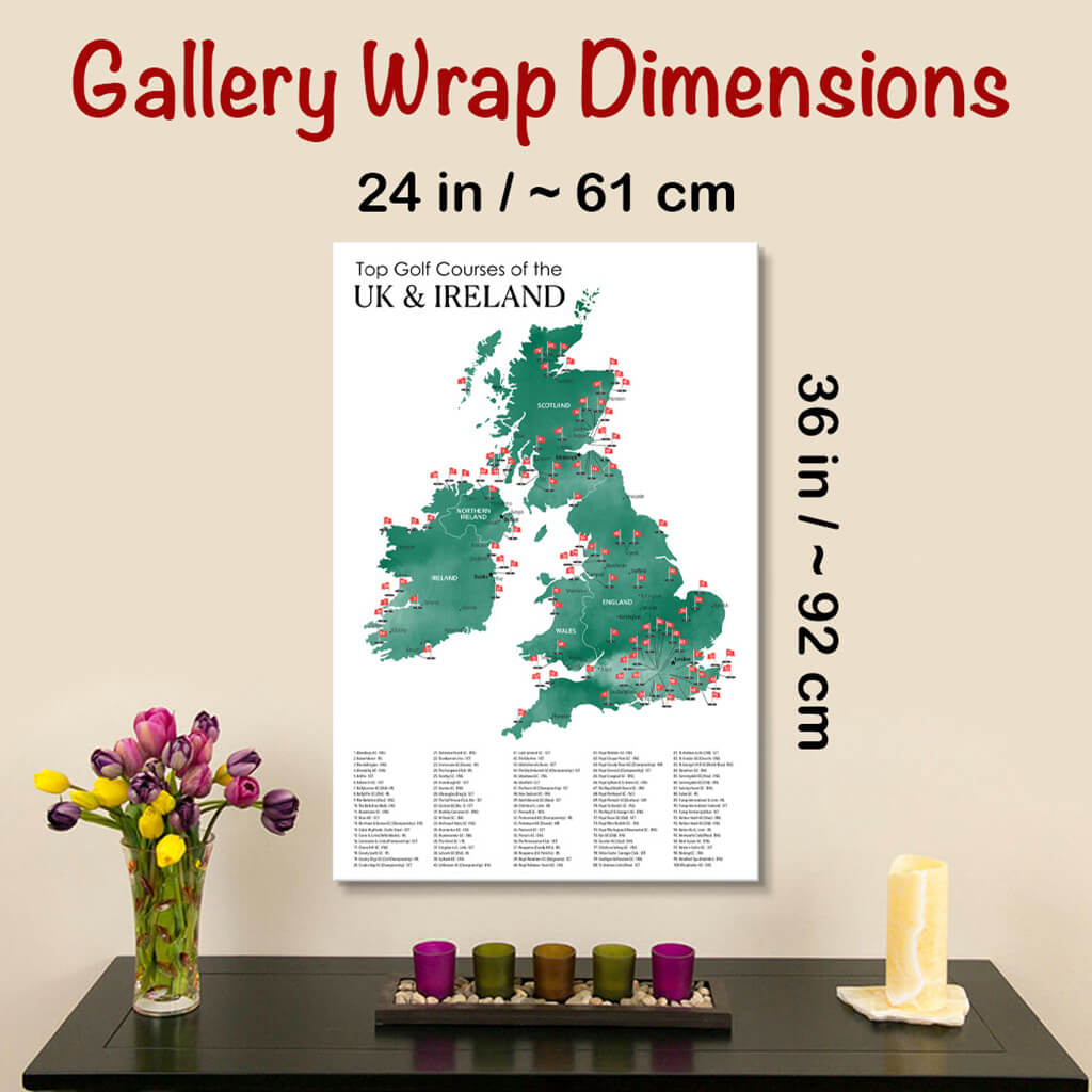 Gallery Wrapped Dimensions of 24&quot; x 36&quot; Size The UK and Ireland Golf Courses Map