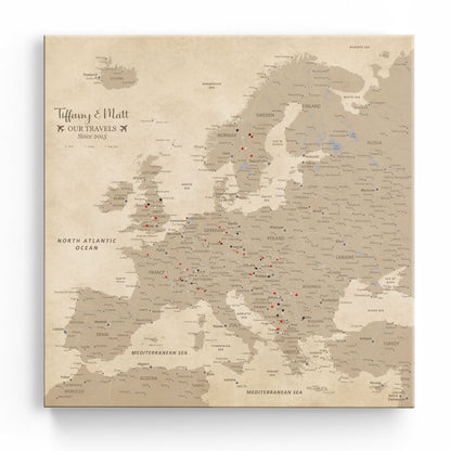 Personalized vintage Europe push pin canvas map with sepia tones tracking travels since 2015
