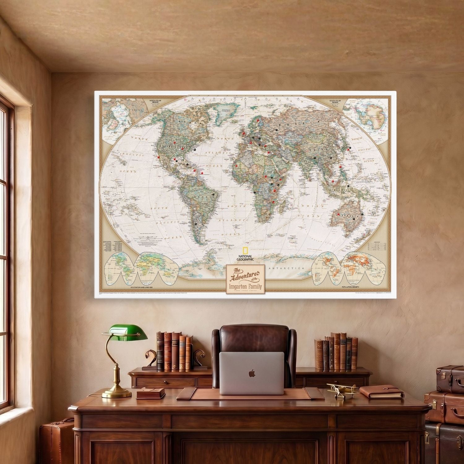 Personalized Gallery Wrap National Geographic executive world travel map with  pins mounted above desk