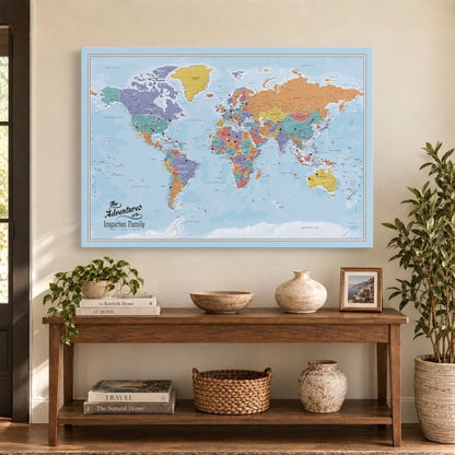 Gallery Wrapped - Blue Oceans World Travel Map with pins