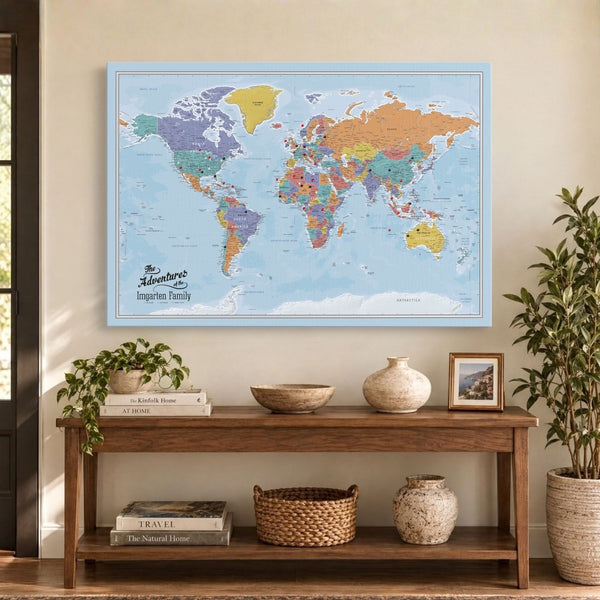Gallery Wrapped - Blue Oceans World Travel Map with pins