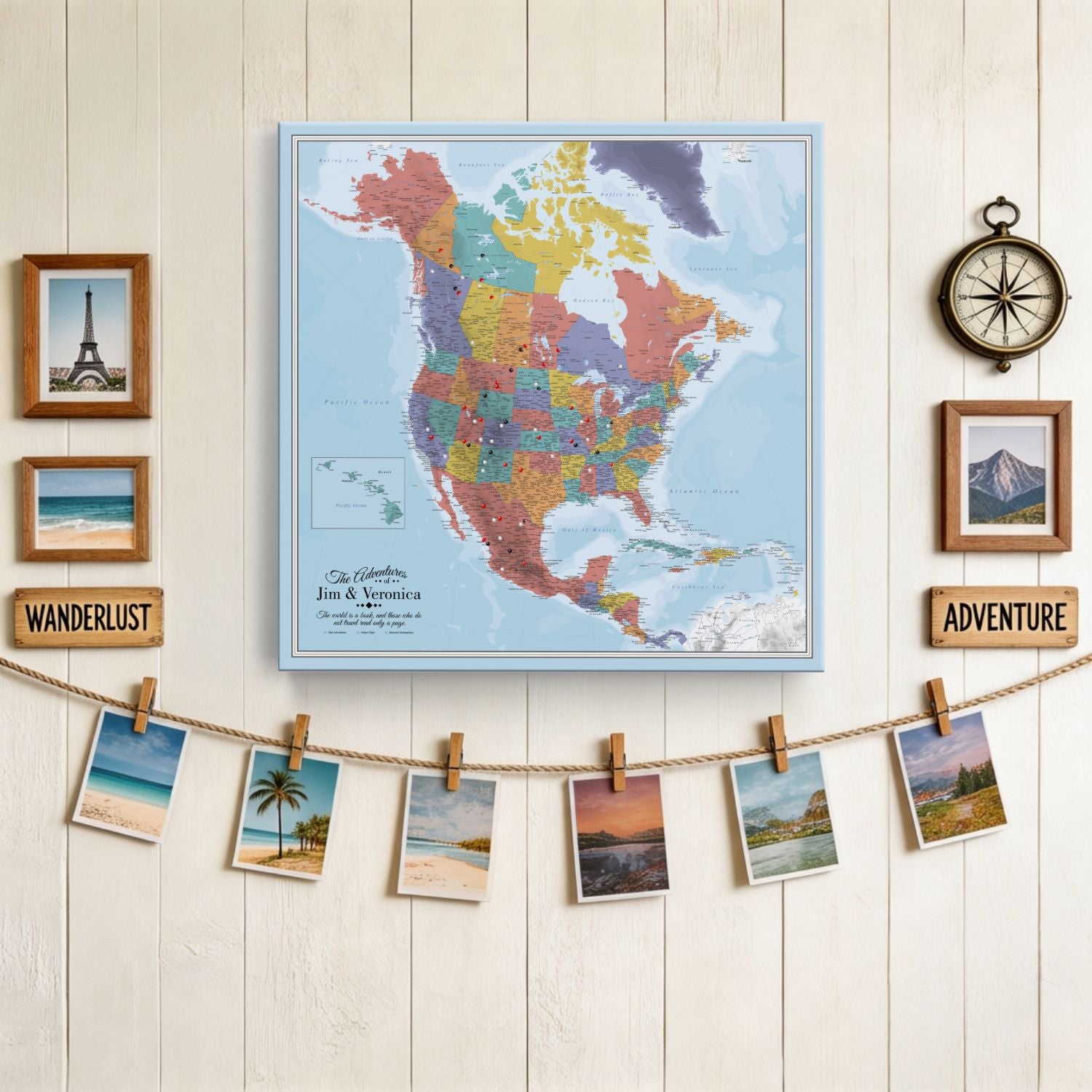 Personalized Blue Oceans North America travel map canvas with pins displayed in travel-themed wall gallery
