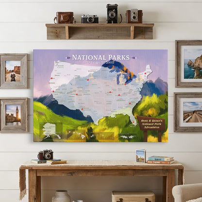 Gallery Wrapped - National Parks Watercolor Travel Map with pins