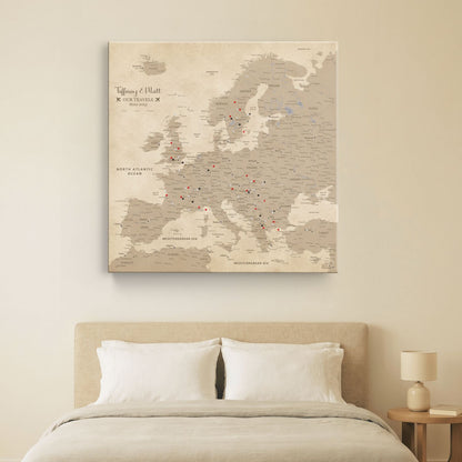 Vintage Europe push pin travel map canvas gallery wrapped above bedroom bed neutral tones personalized