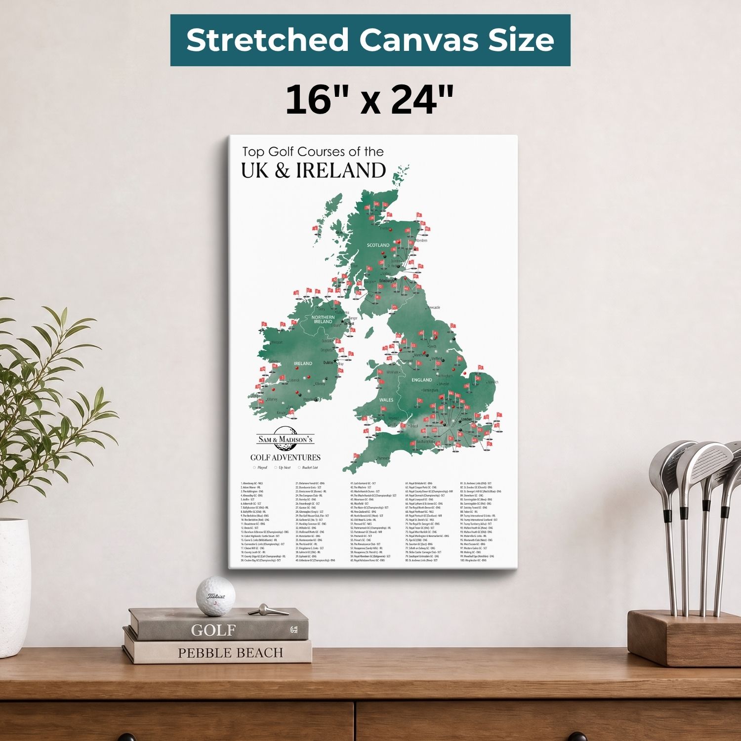 Gallery Wrapped - The UK and Ireland Golf Courses Travel Map with Pins