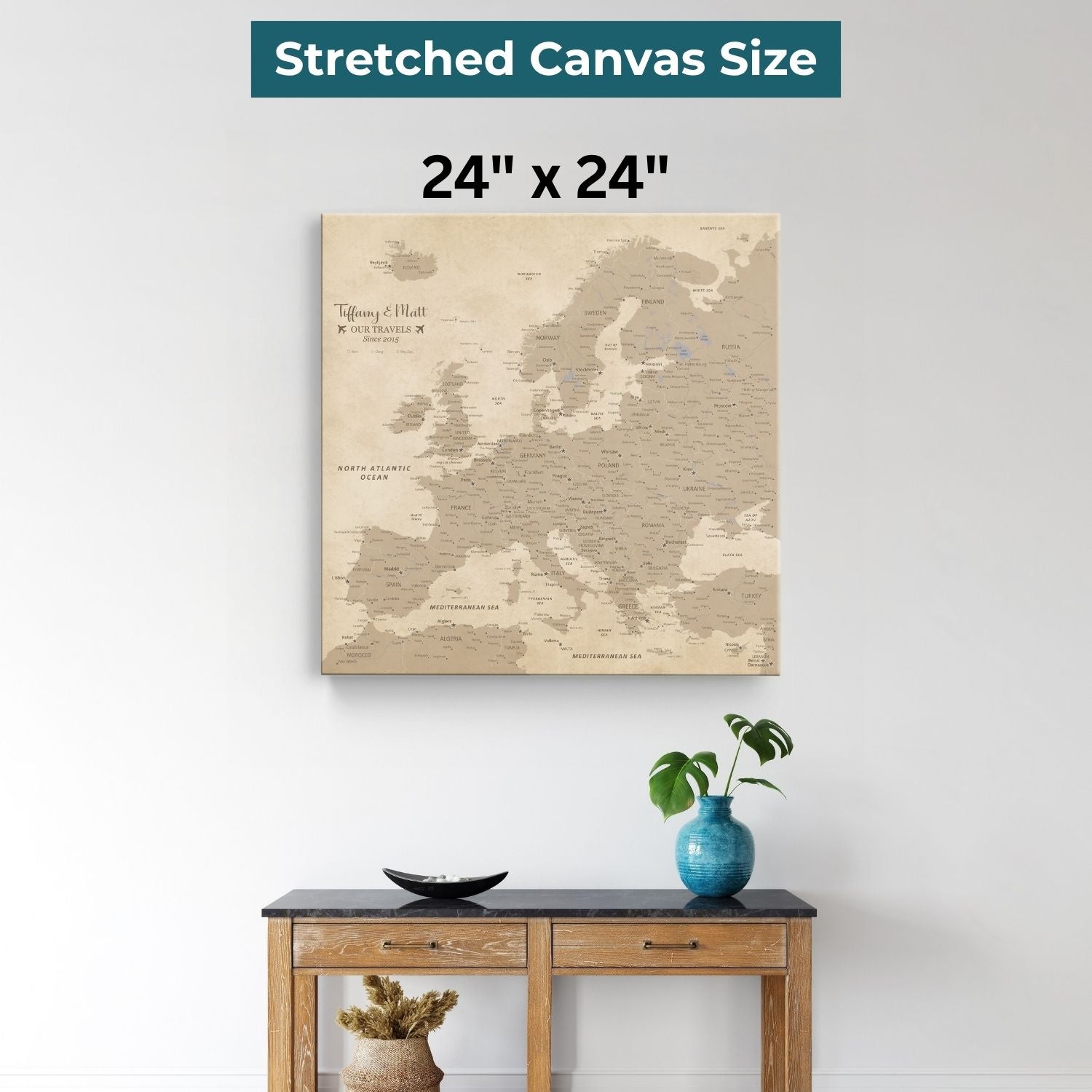 24x24 inch vintage Europe travel map canvas wall art displayed above wooden console table with blue vase