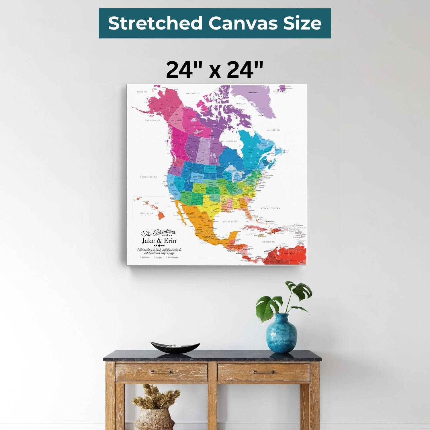 24x24 inch colorful North America travel map canvas displayed above wooden console table