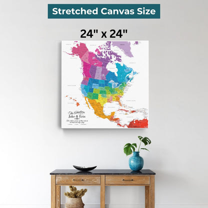 24x24 inch colorful North America travel map canvas displayed above wooden console table