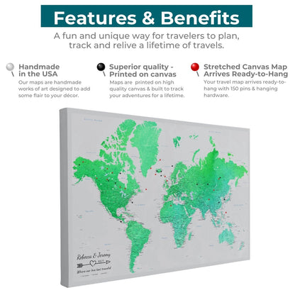 Gallery Wrapped - Enchanting Emerald Watercolor World Travel Map with pins