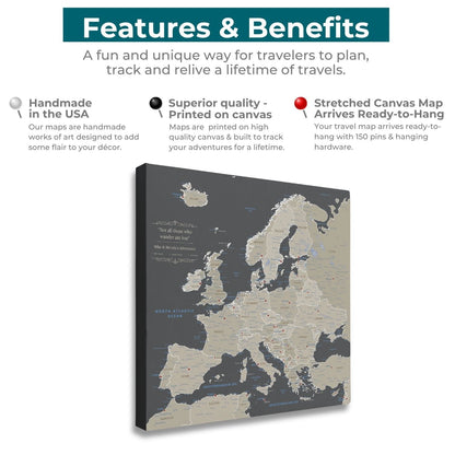 Earth toned Europe travel map canvas features and benefits infographic with pins