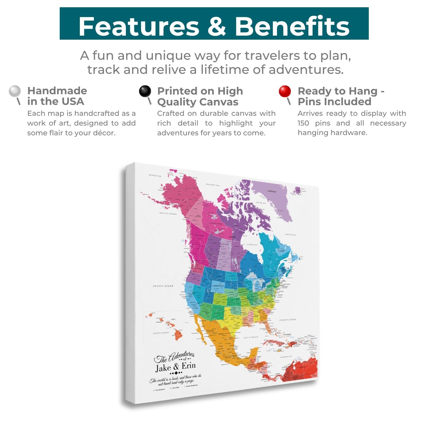 Colorful North America travel map canvas features and benefits infographic with push pins included