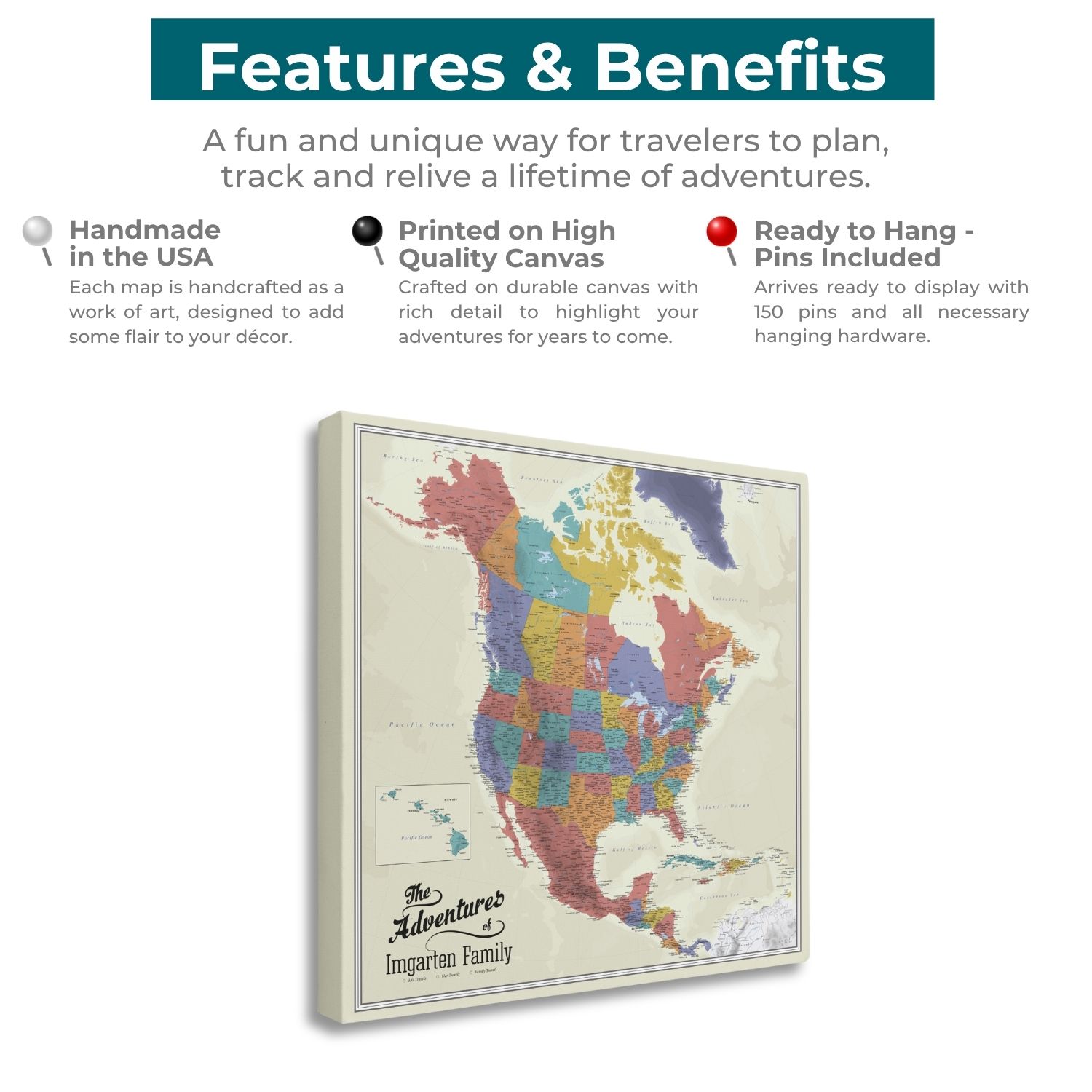 Angled view of tan oceans North America canvas push pin travel map highlighting features and benefits