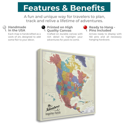 Angled view of tan oceans North America canvas push pin travel map highlighting features and benefits