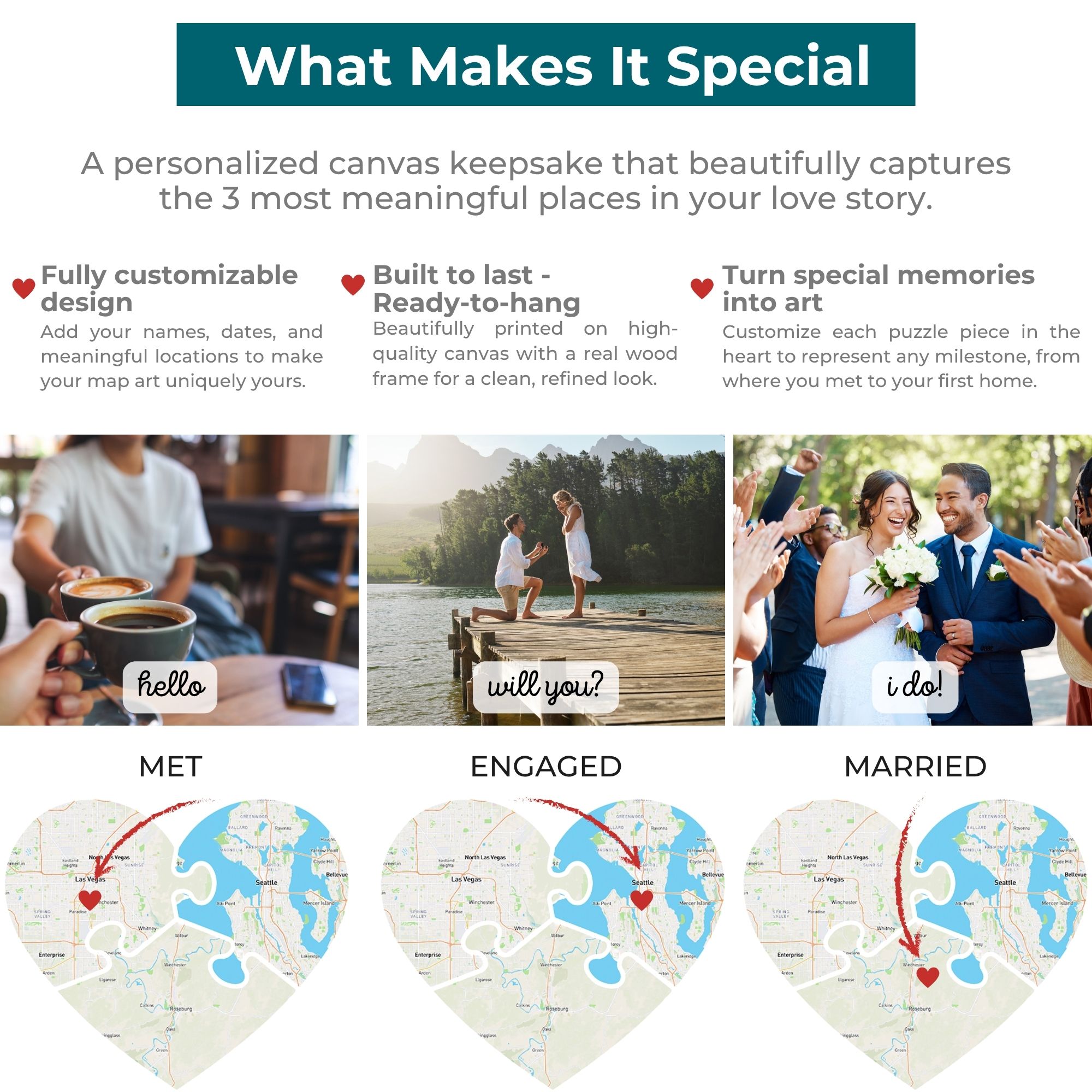Puzzle Piece Heart Map Art | Personalized Couple Gift | Option 5
