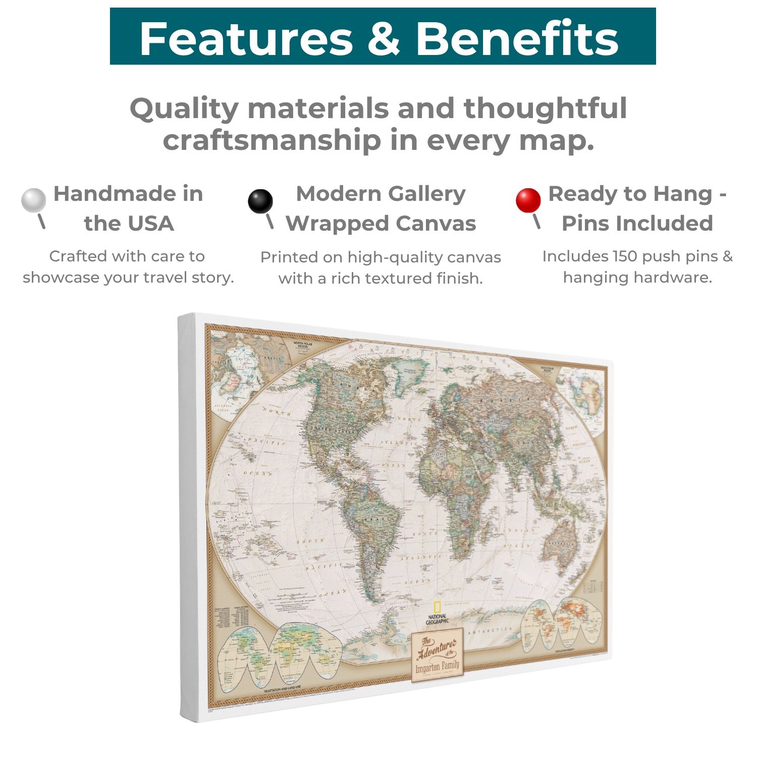 Gallery Wrapped - Executive World Travel Map with pins
