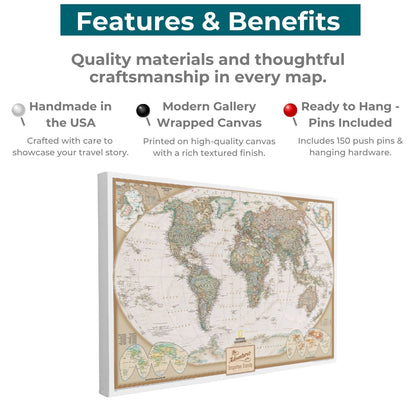 Gallery Wrapped - Executive World Travel Map with pins