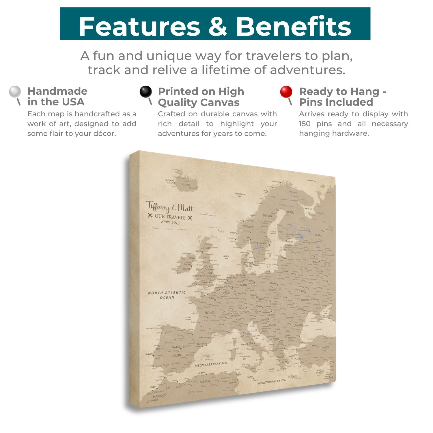 Vintage Europe canvas push pin travel map features and benefits infographic showing beige tan gallery wrapped square style