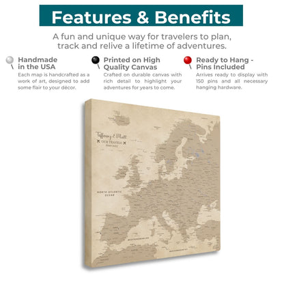 Vintage Europe canvas push pin travel map features and benefits infographic showing beige tan gallery wrapped square style