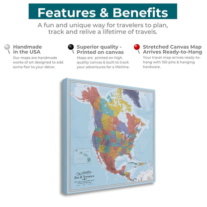 Features and benefits graphic showing Blue Oceans North America canvas travel map with colorful pins