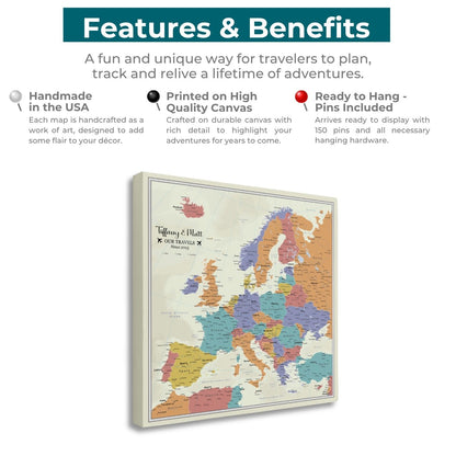 Personalized tan oceans Europe push pin travel map canvas features and benefits infographic